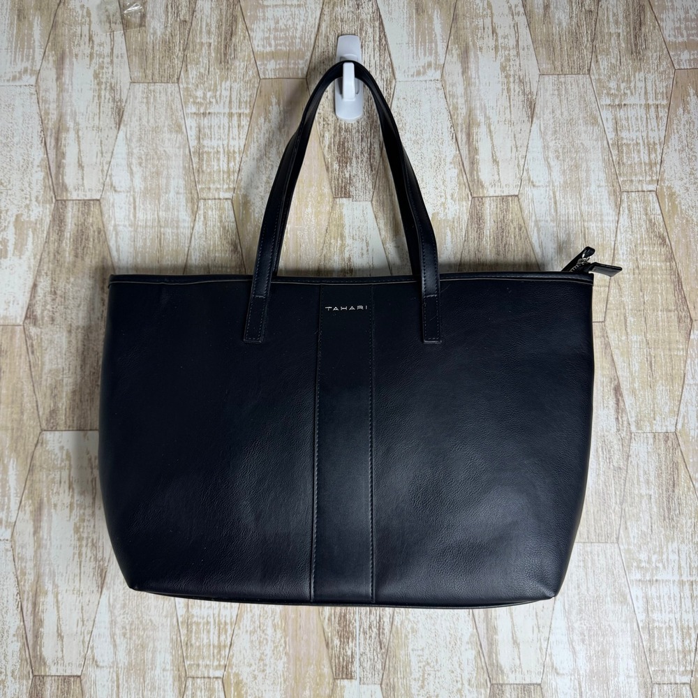 Tahari Black Faux Leather Tote Bag Zippered Shoulder Bag Work Travel Everyday